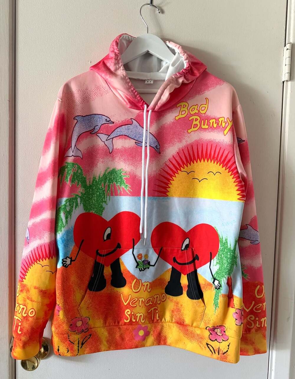 Bad Bunny “Un Verano Sin Ti” All-Over Print Hoodie – Pink Dolphin Beach Graphic